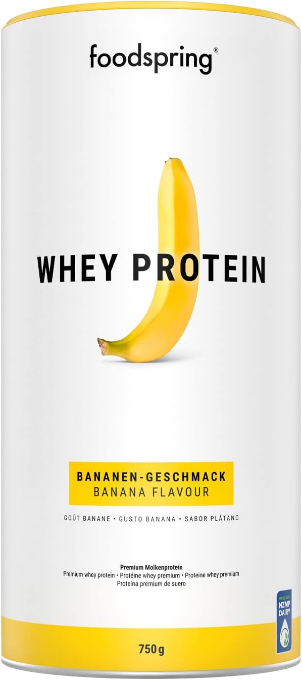 foodspring Proteine Whey in Polvere Banana - Con 24g di Proteine per la Massa Muscolare, Ottima Solubilità, senza zuccheri aggiunti, Ricco di BCAA ed EAA - 750g